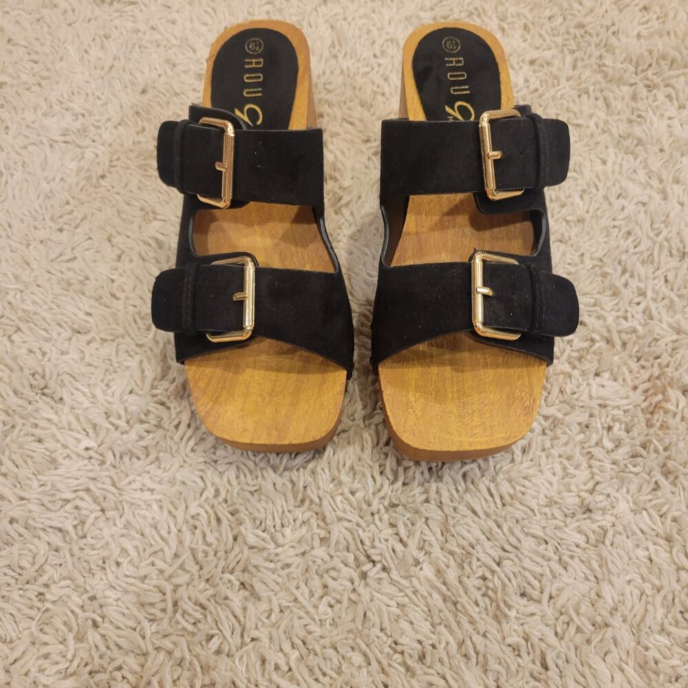 SOLD 👠New Black Wood Clog Wedge Platform Suede Buckle Sandal Shoe Slip On Sl💃 - Picture 6 of 10